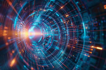 A blue and orange spiral with a bright light shining through it