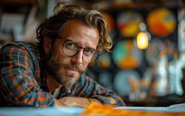 Obraz premium A financial consultant studies market trends while working in a vibrant office filled with creative decor and warm lighting