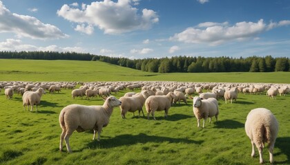 Fototapeta premium A flock of sheep graze under a cloudy afternoon sky