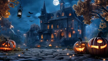 Spooky haunted house surrounded by glowing pumpkins and bats under a moonlit sky.
