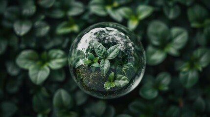 A small green plant is encased in a glass bubble amidst dense foliage, symbolizing conservation, protection, and the delicate balance of nature and human intervention.