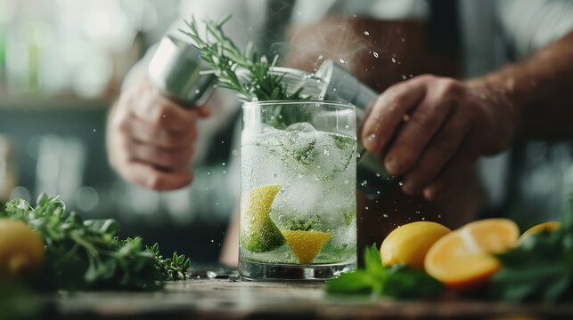A bartender skillfully adds garnish to a refreshing gin cocktail filled with fresh lemon and herbs, capturing the fine art of mixology and a sophisticated bar environment.