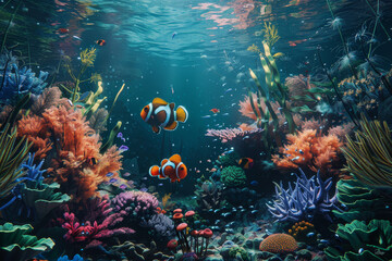 Fototapeta premium A colorful underwater scene with two fish swimming in the middle