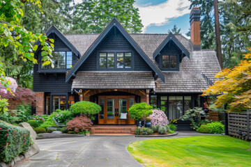 A large house with a black roof and a green lawn