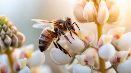 Naklejka premium A captivating shot of a bee in flight near white flowers during the gentle evening light, emphasizing the bee's motion and the serene atmosphere created by the dusk.