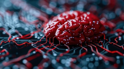 A striking red model of a brain placed on an intricate circuit board featuring red electrical connections. This image symbolizes technological innovation and complexity.