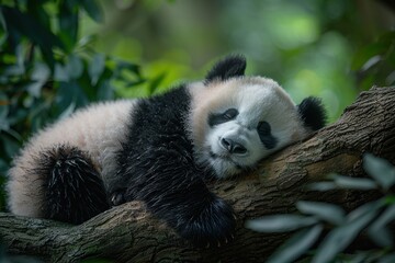 Obraz premium Giant Panda Sleeping on a Tree Branch in a Natural Forest - High Definition Animal Photography in the Style of Nature
