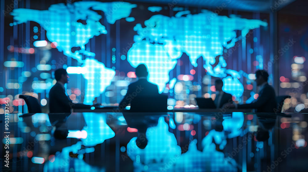 Aufkleber business meeting with silhouetted professionals in front of illuminated world map display in modern 
