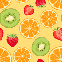 Tropical fruit seamless pattern.  Orange, kiwi, strawberry on yellow background. Vector cartoon illustration.