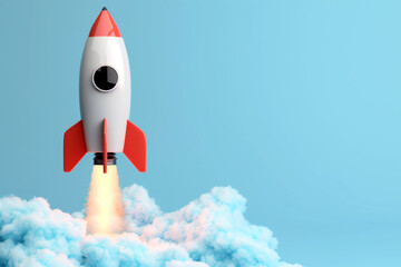 Rocket launching through a cloud of ideas, startup concept, brainstorming