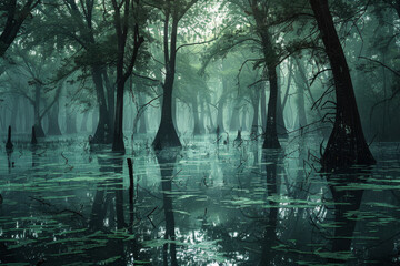 A forest with a lot of trees and water
