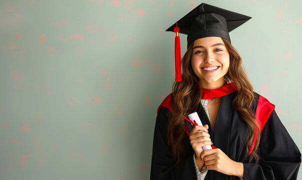 Happy Female Graduating Student Holding Diploma on Colorful Background Celebrating Academic Achievement Education Success Smiling Joyful, Inspirational Graduation Day, Youth Accomplishment