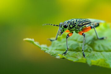 A green and orange bug is on a leaf