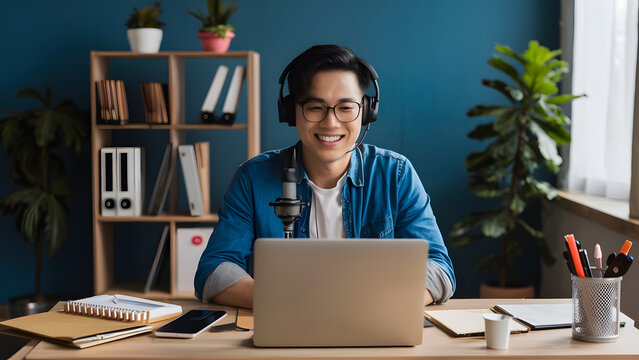 Young asian man host streaming podcast with condenser microphone work on laptop at small broadcast home studio.