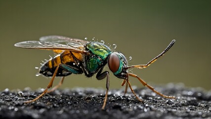 Fototapeta premium Elegant dragonfly perched serenely on a broad green leaf, overlooking the tranquil surface of a quiet pond