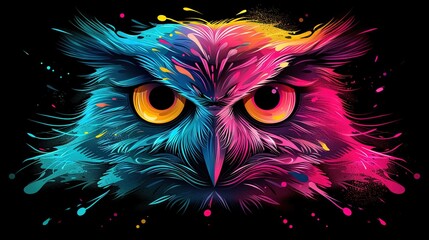 Obraz premium A vibrant owl's visage graces a dark backdrop, adorned with splashes of paint across its countenance