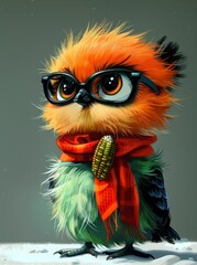 Fototapeta premium Cute Cartoon Bird Wearing Glasses and Scarf