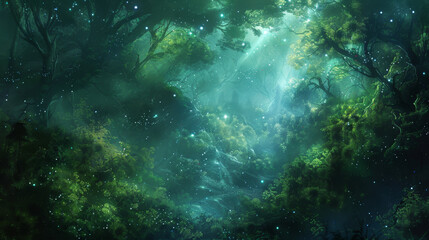 Obraz premium A forest with trees and a lot of light shining through the leaves