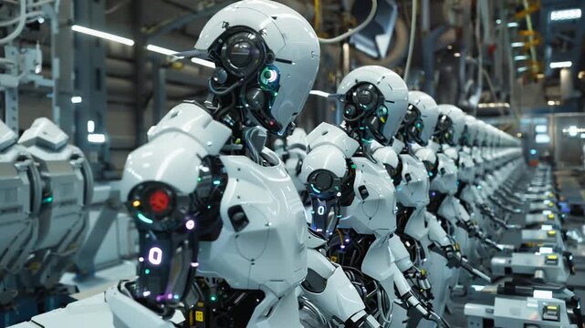 Advanced  robots in a factory assembly line. Automation concept 