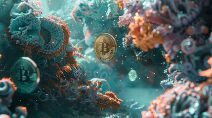 Fototapeta premium A colorful underwater scene with a gold coin and a few other coins