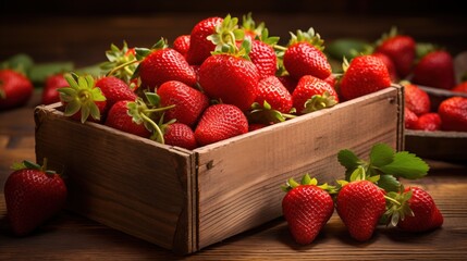 Fresh, ripe strawberries piled in wooden crates, showcasing their vibrant red color and green leaves. The scene is warm and inviting, perfect for a summer market.