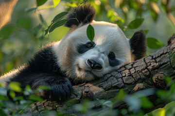 Obraz premium Giant Panda Sleeping on a Tree Branch in Natural Forest - High Resolution Nature Photograph