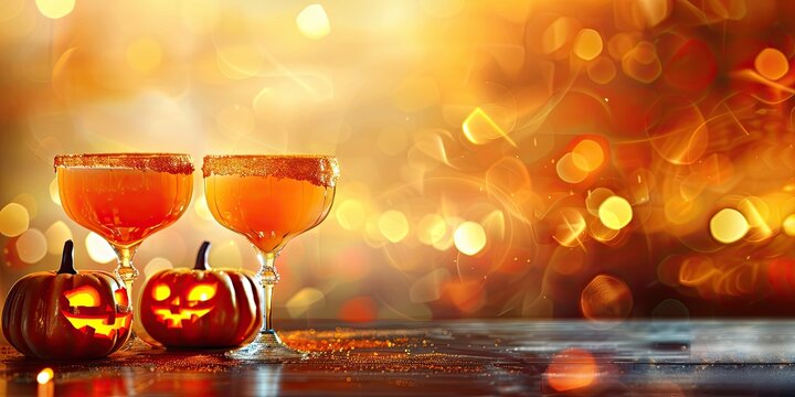 A Halloween celebration featuring bright orange cocktails in jack-o'-lantern glasses