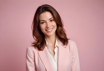 Fototapeta premium Portrait of a beautiful woman in pink business attire having deep brown hair and smiling confidently