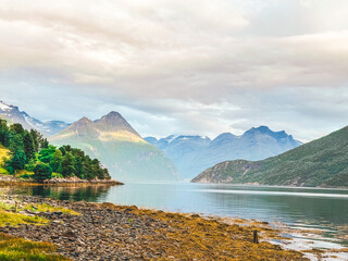 Fjord in Norway. Sunny nordic fjord.