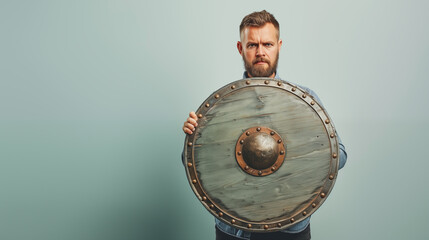 Naklejka premium Cool Handsome Modern Man Holding a Medieval Shield