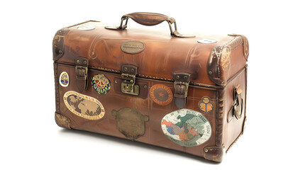 Vintage Leather Suitcase with Travel Stickers Isolated on white background