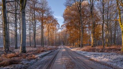 Scenic road through oak and birch forest in autumn