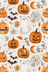 Halloween Seamless Pattern with Pumpkins, Ghosts, Bats, and Spiders