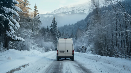 Photo from the back of a small white van driving down a snowy forest road towards the mountains during a winter camper trip.
