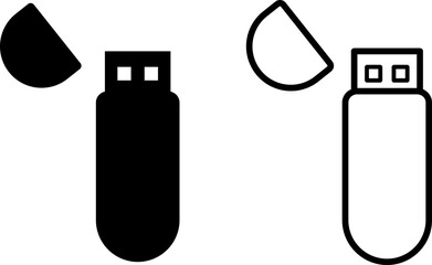 Pen Drive Icon Set on Transparent Background, USB Flash Drive Pen Vector Icon, Black Silhouette and Outline Icon of a USB Flash Drive, Data Storage, File Transfer and Portable Devices.