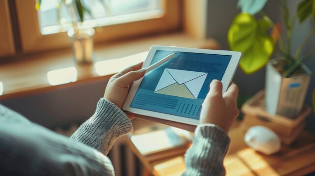 A person using a tablet to send a digital postcard, World Post Day