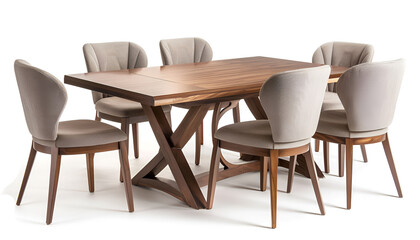 Elegant Wooden Dining Table with Matching Chairs Isolated on white background