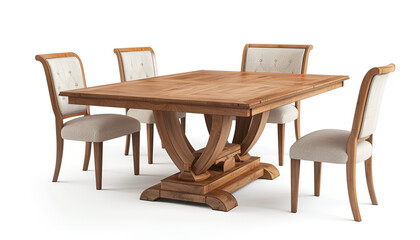 Elegant Wooden Dining Table with Matching Chairs Isolated on white background