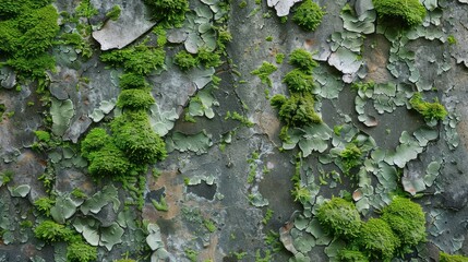 Weathered wall covered with moss and lichens in a natural setting