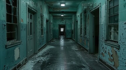 Fototapeta premium A long hallway with a door in the middle