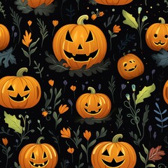 Colorful Halloween pumpkins with spooky faces, surrounded by autumn leaves and flowers on a dark background for festive decor.