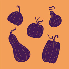 A set of painted simple pumpkins in the doodle style in purple on an orange background.