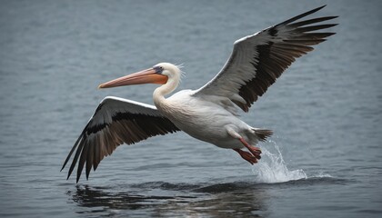A pelican's graceful landing in the misty morning