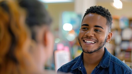 Obraz premium A customer service representative smiling while helping a customer, World Smile Day