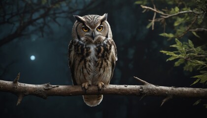 Obraz premium A solitary owl perches on a branch in the twilight forest