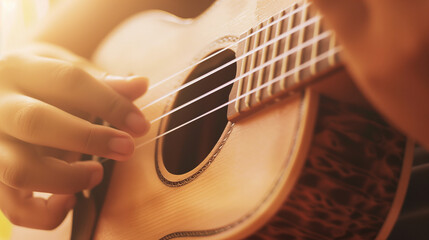 Fototapeta premium Close-Up of Hand Playing Ukulele in Warm Lighting