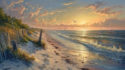 A painting of a beach with a fence and a boat in the water