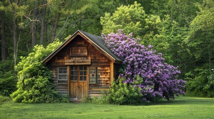 Obraz premium Charming wooden cabin surrounded by vibrant flowers in a rural landscape