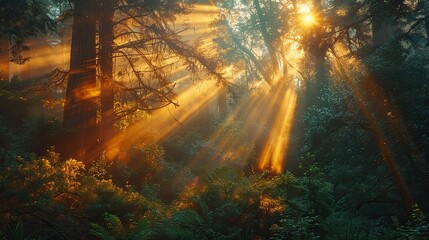 The sun is shining through the trees, casting a warm glow on the forest floor