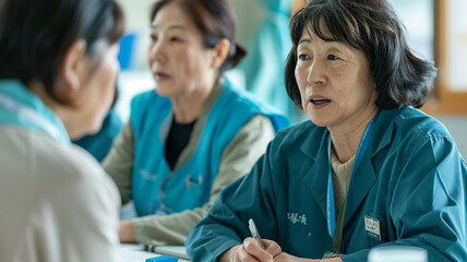 Fototapeta premium 会議室でケアプランを議論する日本の介護士たち